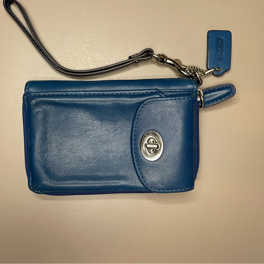 Coach Blue Leather Phone Case with Wrist Strap (small to medium)